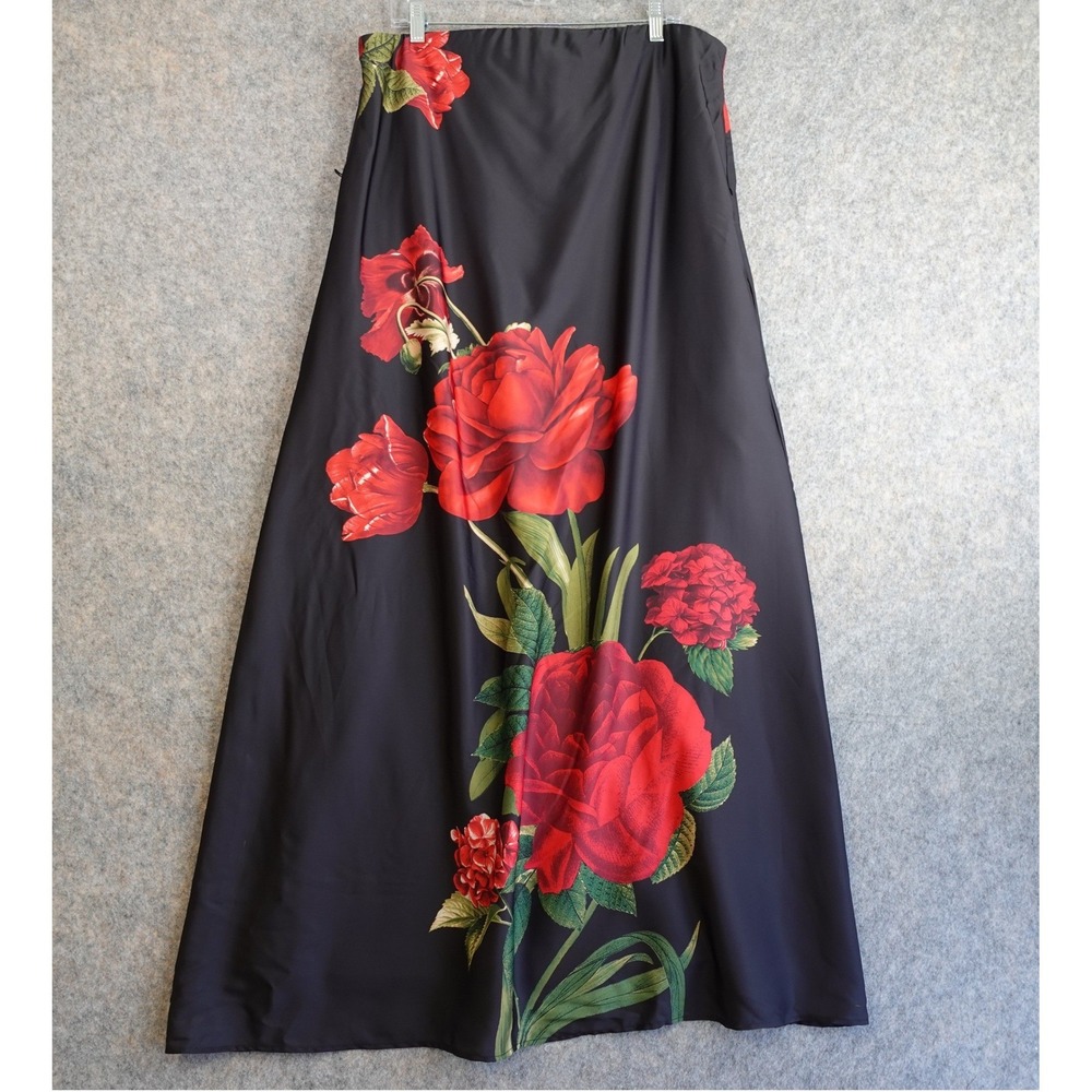 Nicole Miller Dress Womens L Black Floral Strapless Midi Red Rose Goth Romantic - Picture 2 of 11